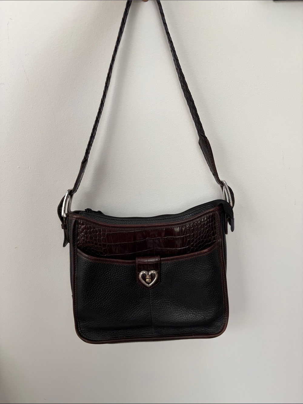 Vintage Black and Dark Brown Leather Shoulder Bag with Heart Accent